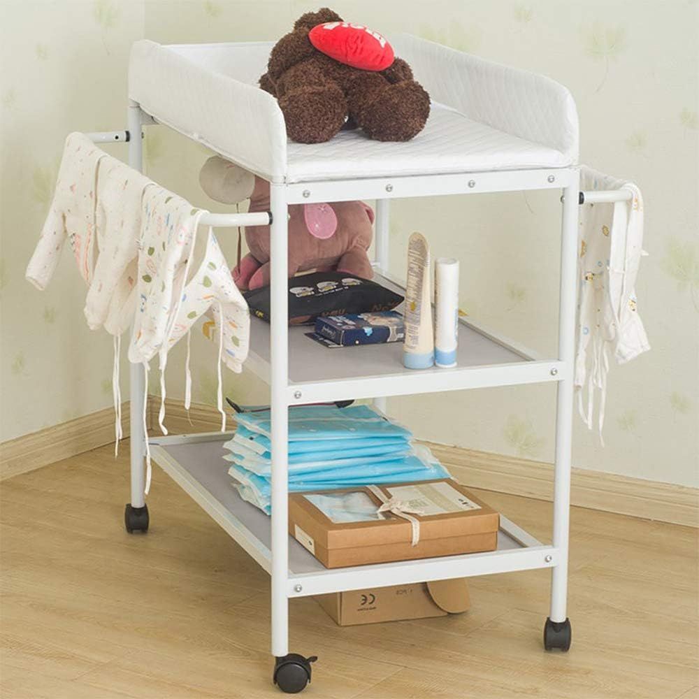 Baby Changing Table with Wheels 2 Shelves Safety Belt White