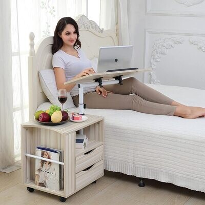 Multifunctional Rotating Solid Wood Bedside Table with Swivel Shelf,  Storage Bedside Table with 2 Drawers, Sofa Side Table, Durable and Easy to Assemble