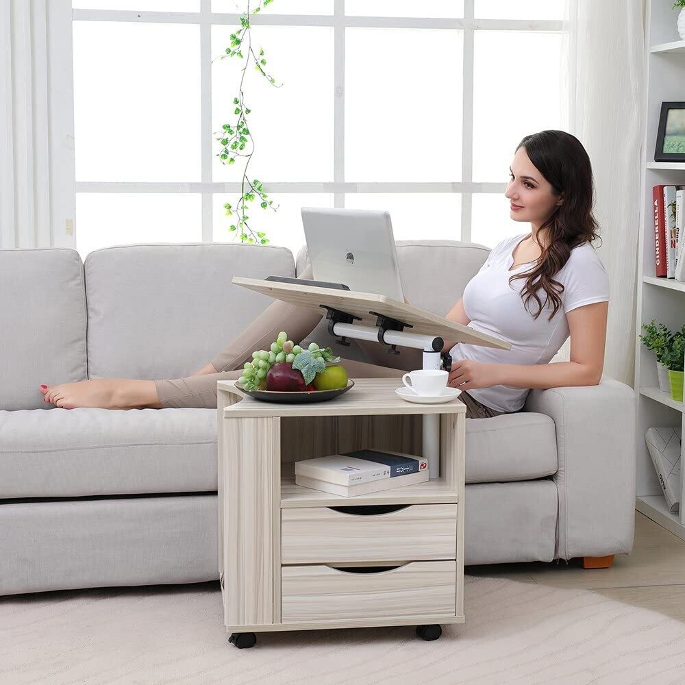 Multifunctional Rotating Solid Wood Bedside Table with Swivel Shelf,  Storage Bedside Table with 2 Drawers, Sofa Side Table, Durable and Easy to Assemble