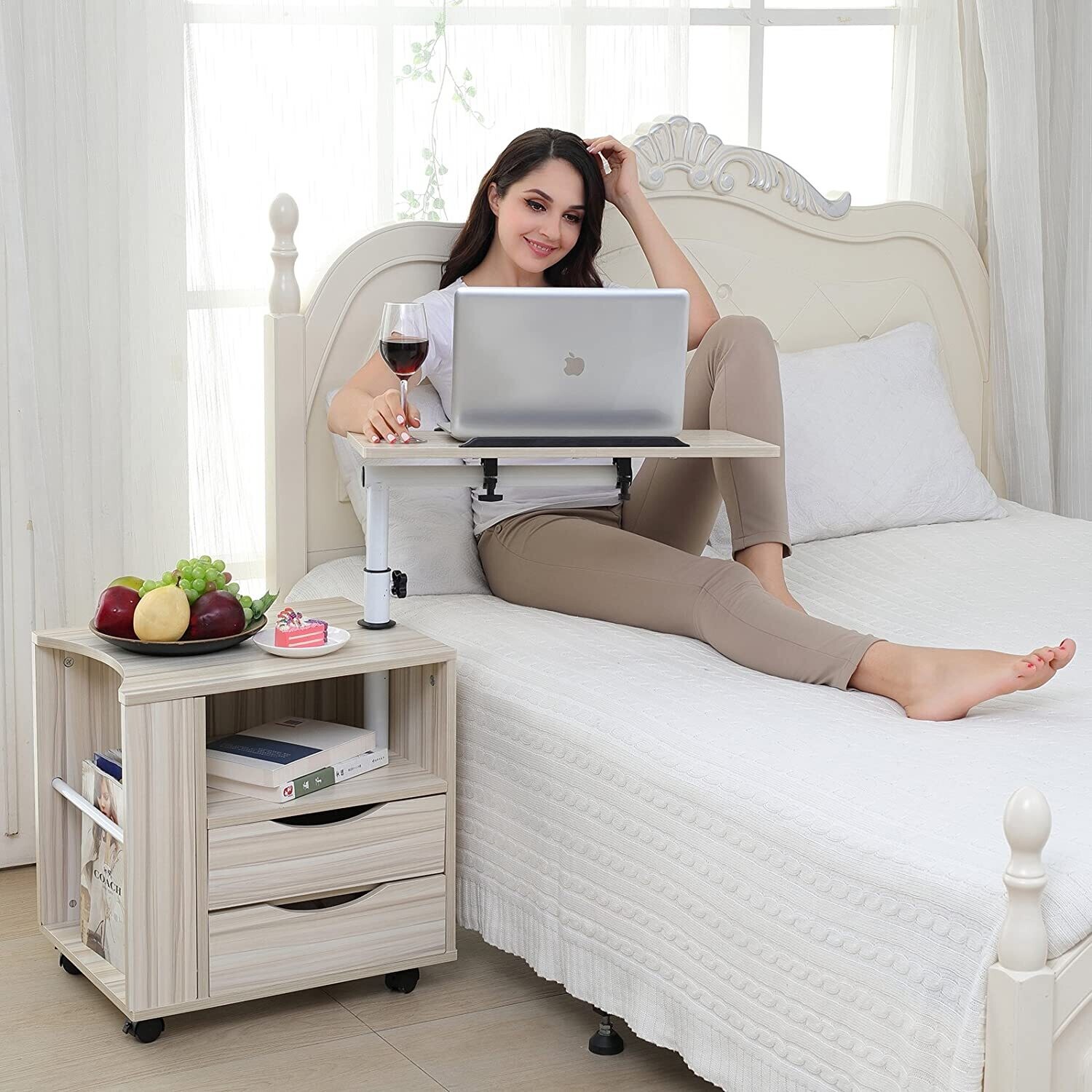 Multifunctional Rotating Solid Wood Bedside Table with Swivel Shelf,  Storage Bedside Table with 2 Drawers, Sofa Side Table, Durable and Easy to Assemble