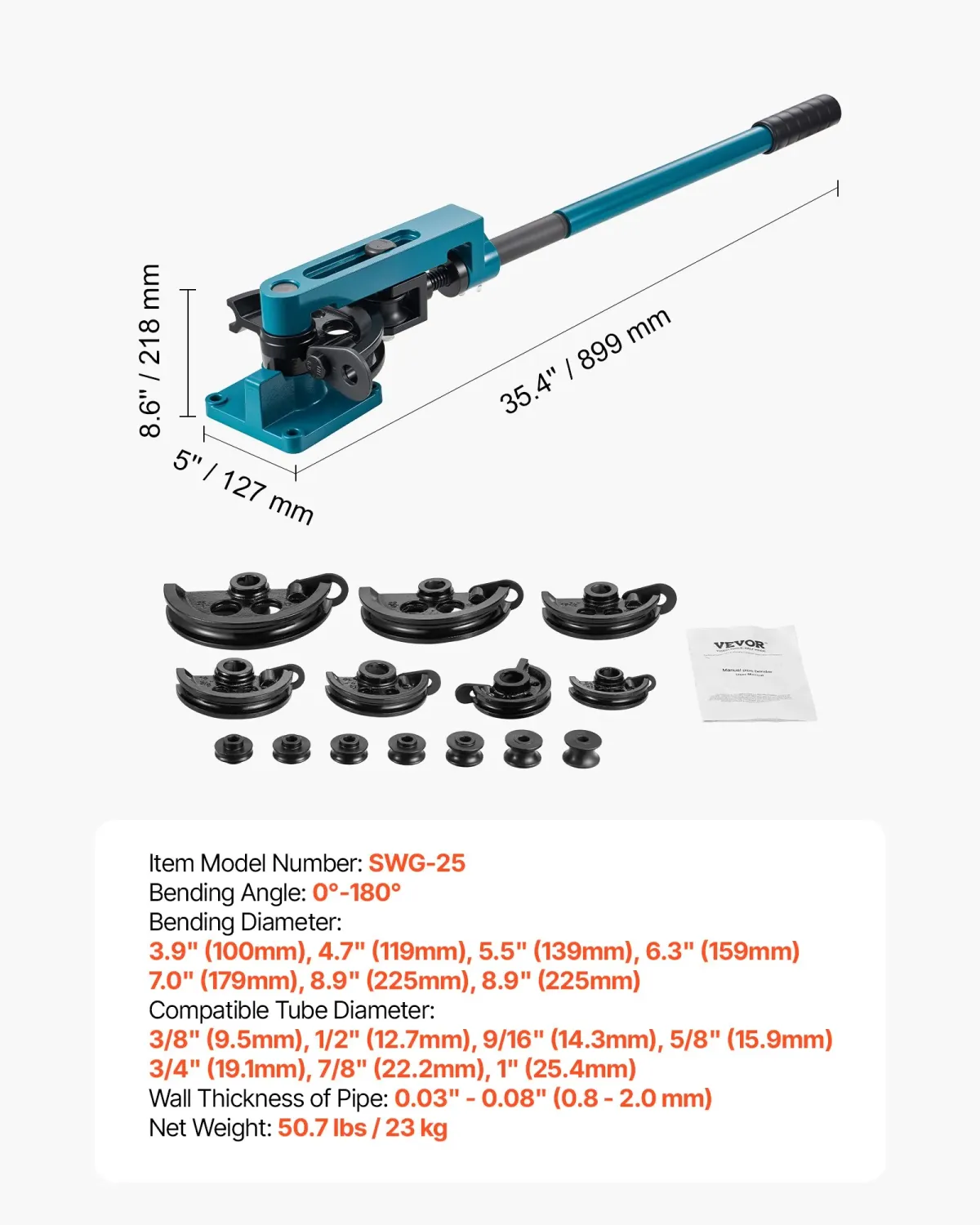 Pipe Bending Tool Set 7 Dies 10 to 25mm