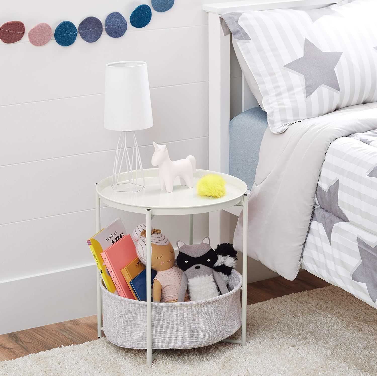 Round Metal Tray End Table with Storage Bin – Modern Bedside &amp; Accent Table
