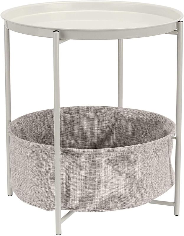 Round Metal Tray End Table with Storage Bin – Modern Bedside &amp; Accent Table