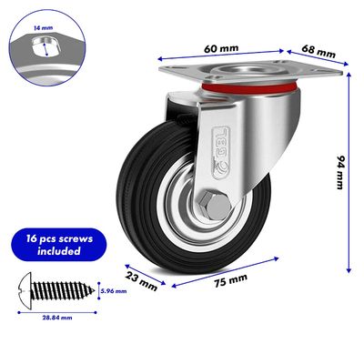 Heavy Duty 75mm Castor Wheels Set 200kg Load Capacity Rubber Silent Furniture Casters 4 Pack