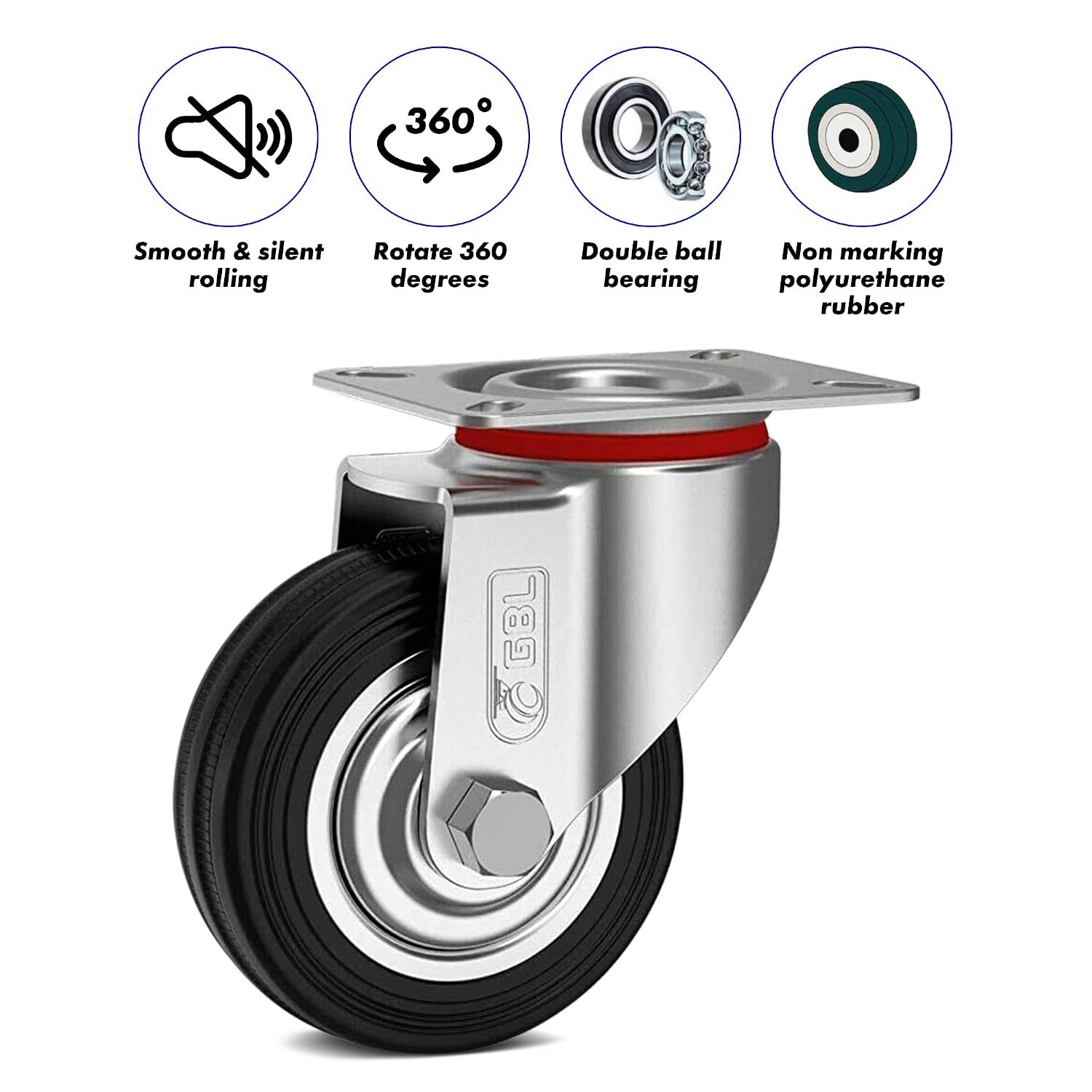 Heavy Duty 75mm Castor Wheels Set 200kg Load Capacity Rubber Silent Furniture Casters 4 Pack