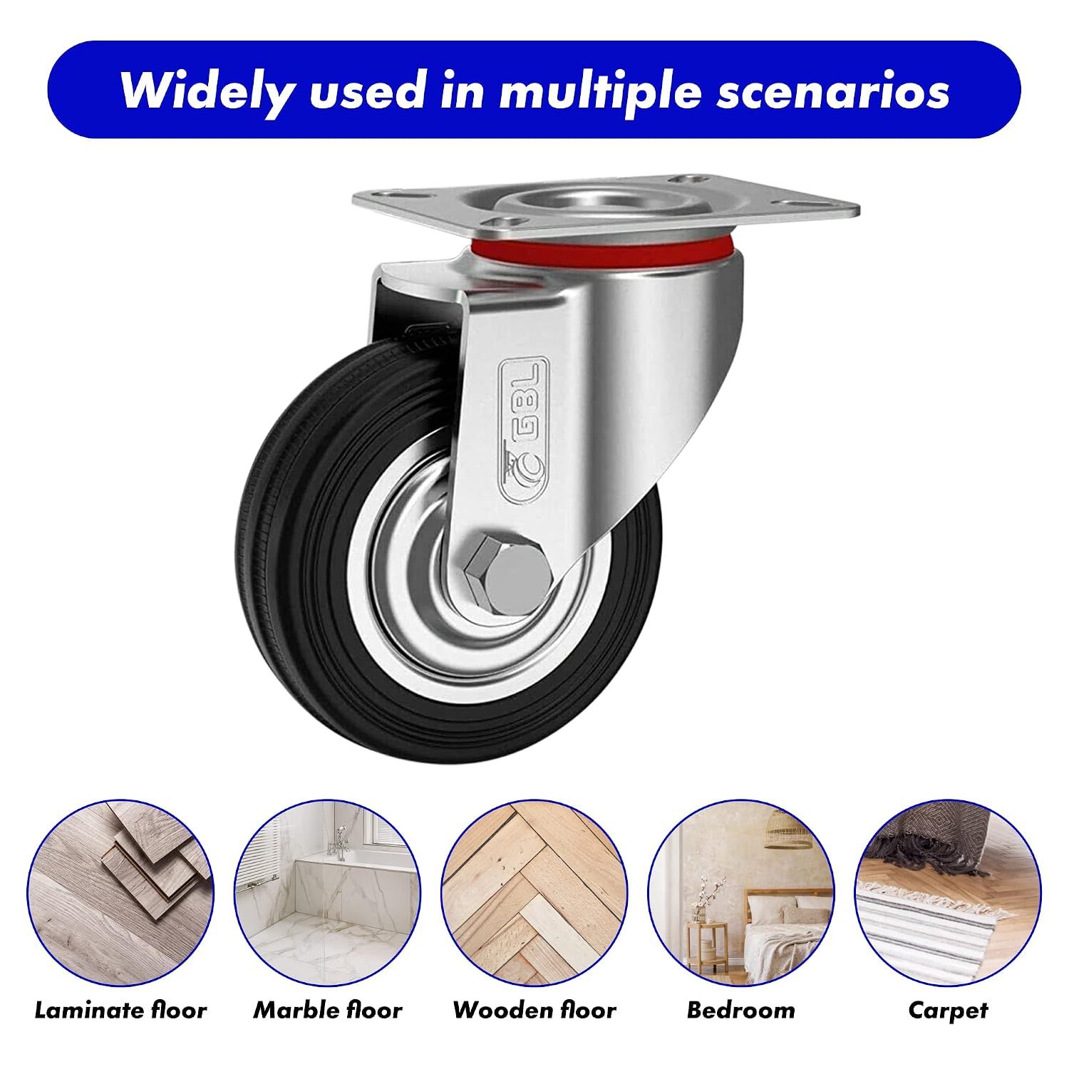 Heavy Duty 75mm Castor Wheels Set 200kg Load Capacity Rubber Silent Furniture Casters 4 Pack