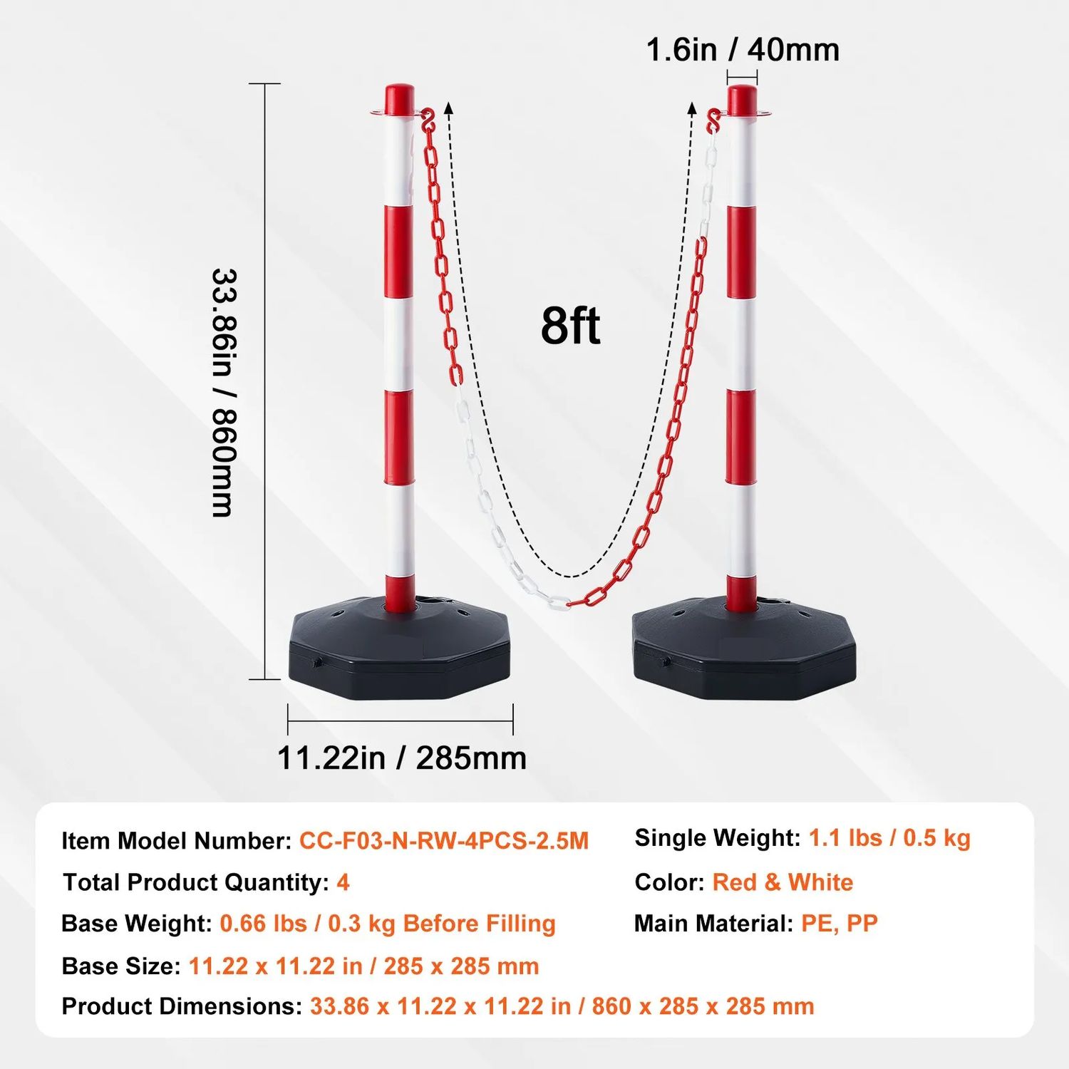 Set of 4 Adjustable Traffic Delineator Posts – Red &amp; White