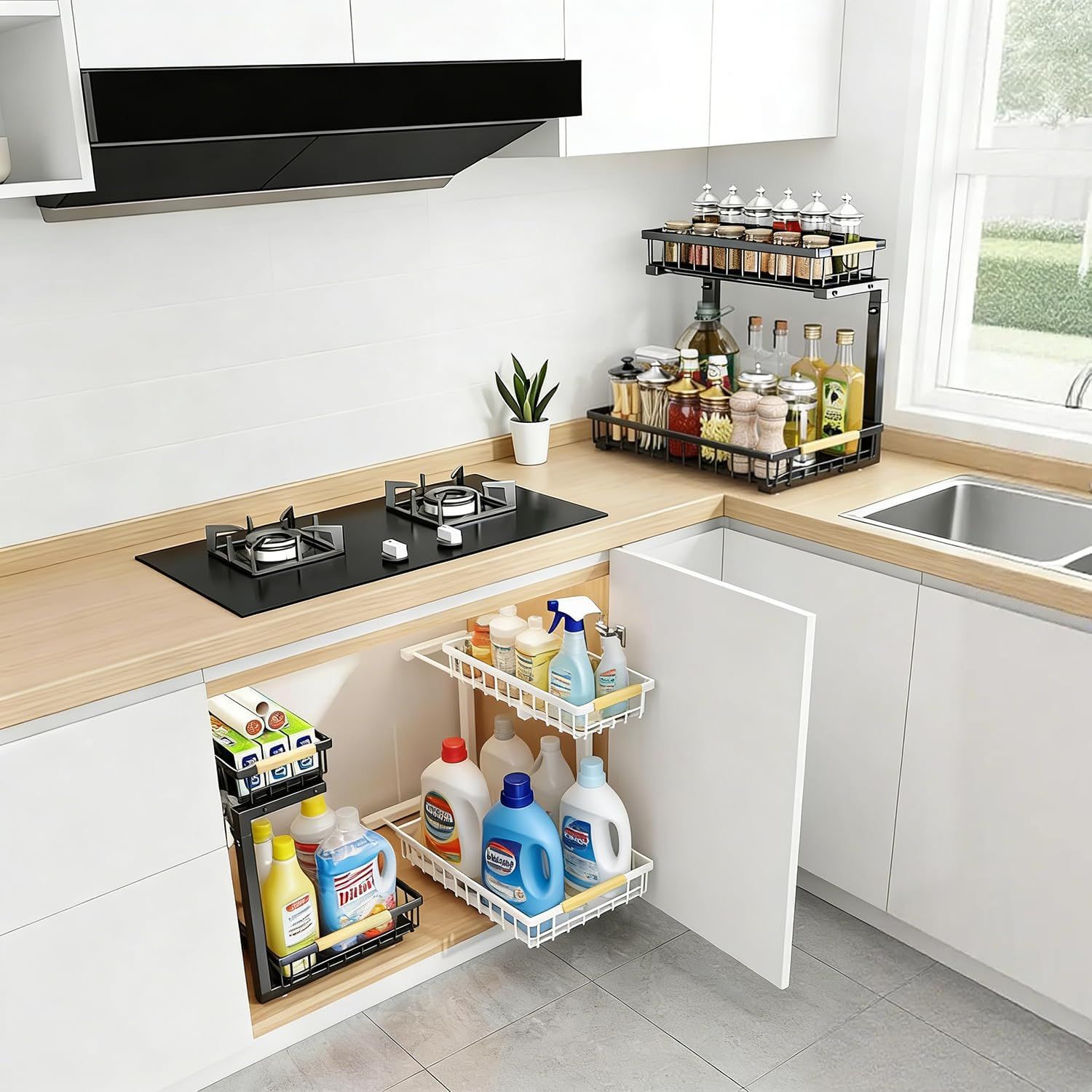 Pull Out Cabinet Shelf 2 Tier Sliding Kitchen Organizer
