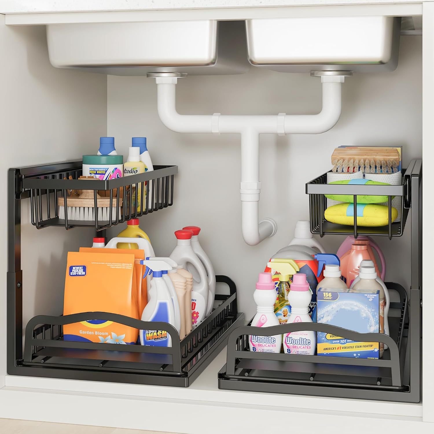 Pull Out Under Sink Organiser with 2 Sliding Drawers – Adjustable Metal Storage Rack