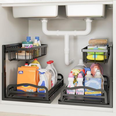 Pull Out Under Sink Organiser with 2 Sliding Drawers – Adjustable Metal Storage Rack