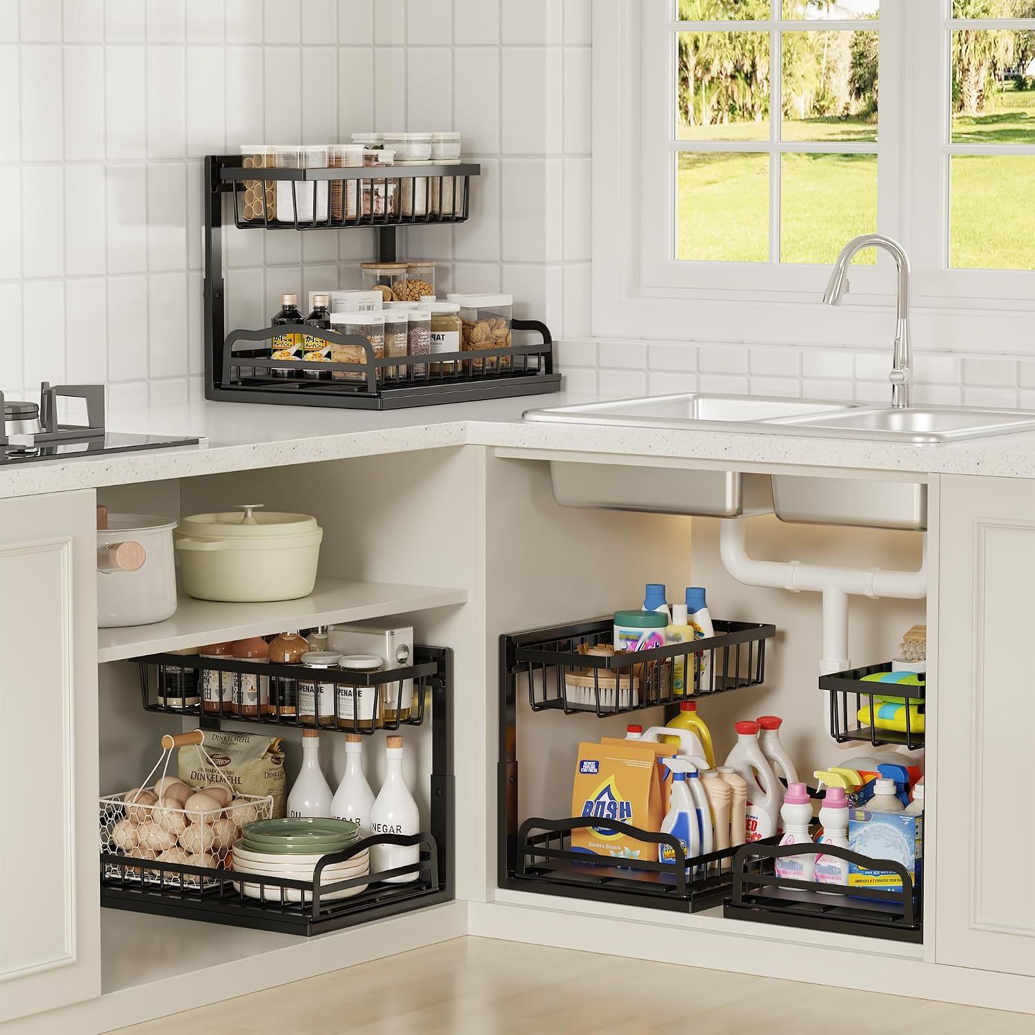 Pull Out Under Sink Organiser with 2 Sliding Drawers – Adjustable Metal Storage Rack