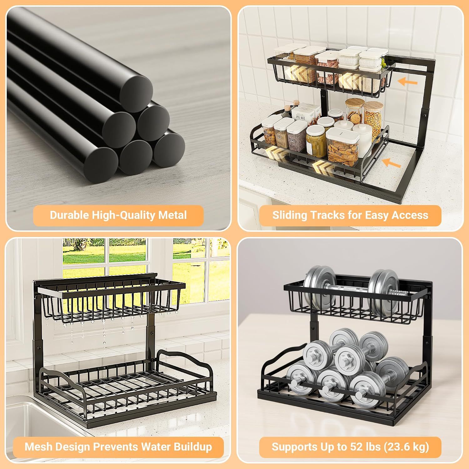 Pull Out Under Sink Organiser with 2 Sliding Drawers – Adjustable Metal Storage Rack