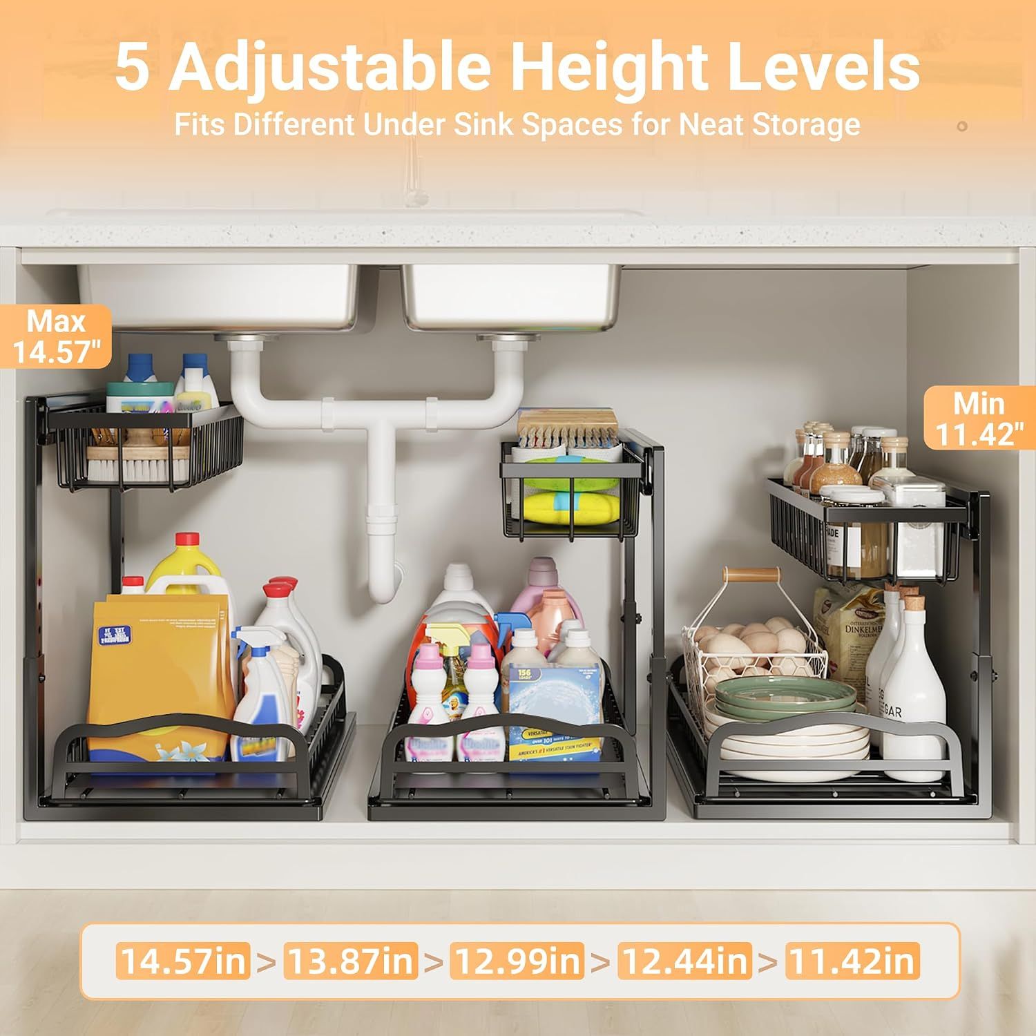 Pull Out Under Sink Organiser with 2 Sliding Drawers – Adjustable Metal Storage Rack