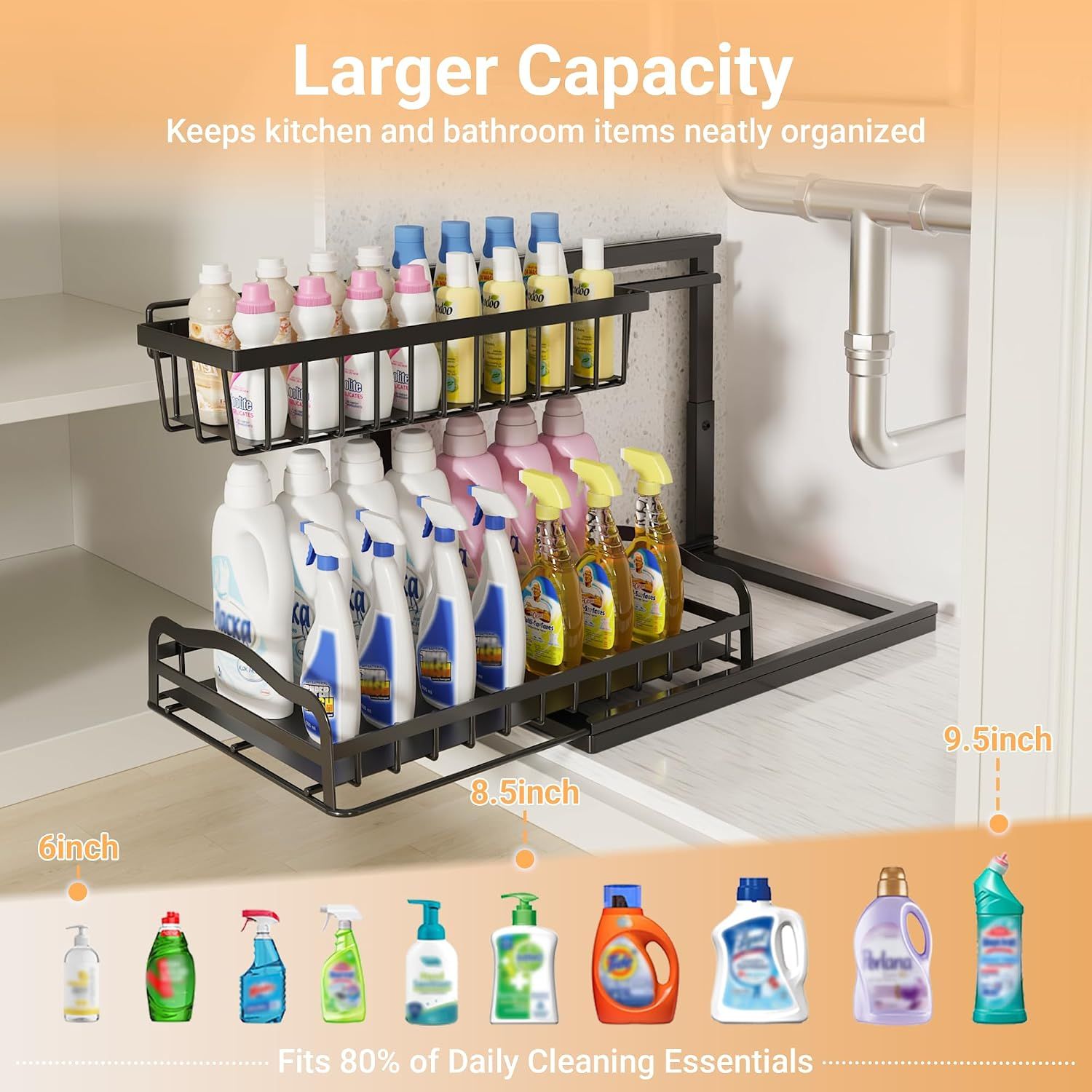 Pull Out Under Sink Organiser with 2 Sliding Drawers – Adjustable Metal Storage Rack
