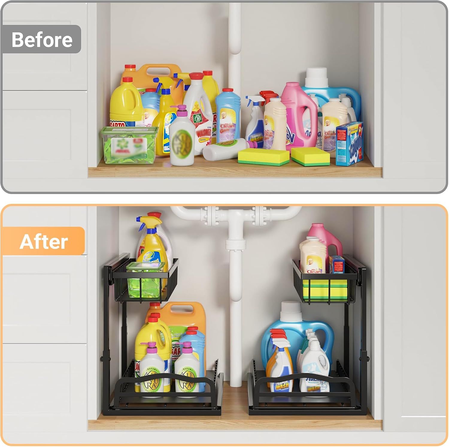 Pull Out Under Sink Organiser with 2 Sliding Drawers – Adjustable Metal Storage Rack