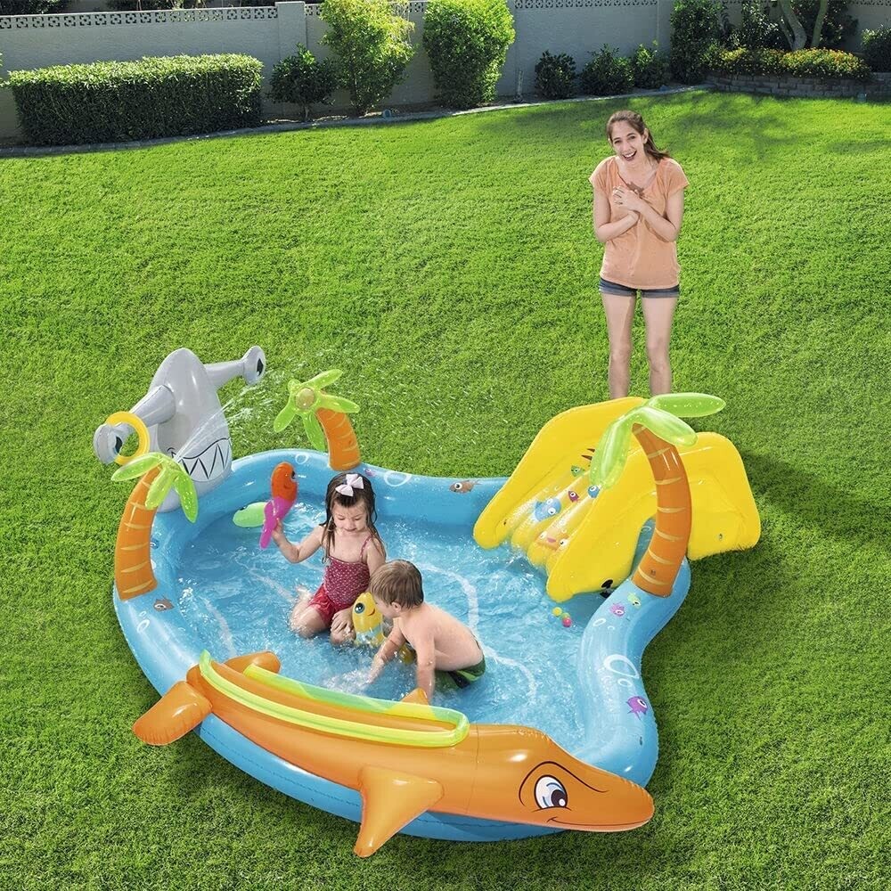 Sea Water Inflatable Kids Paddling Pool with Slide &amp; Play Accessories – 280 × 257 × 87 cm
