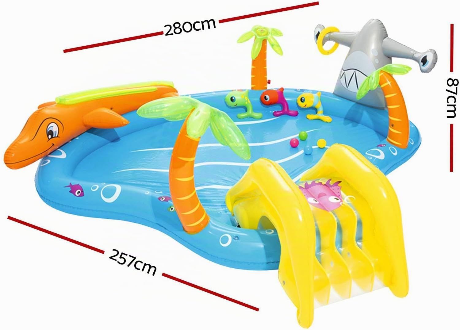 Sea Water Inflatable Kids Paddling Pool with Slide &amp; Play Accessories – 280 × 257 × 87 cm