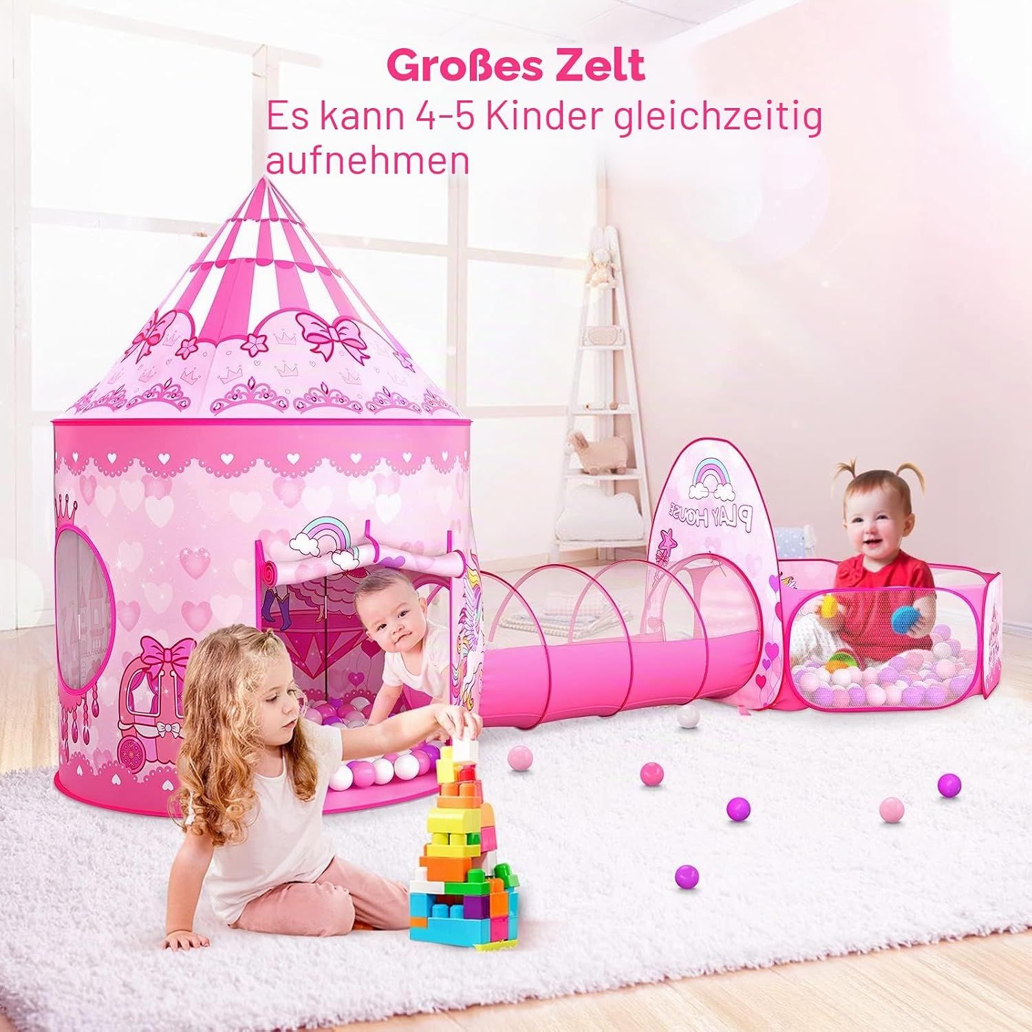 3-in-1 Kids Play Tent with Crawling Tunnel &amp; Ball Pit, Princess, Indoor Outdoor
