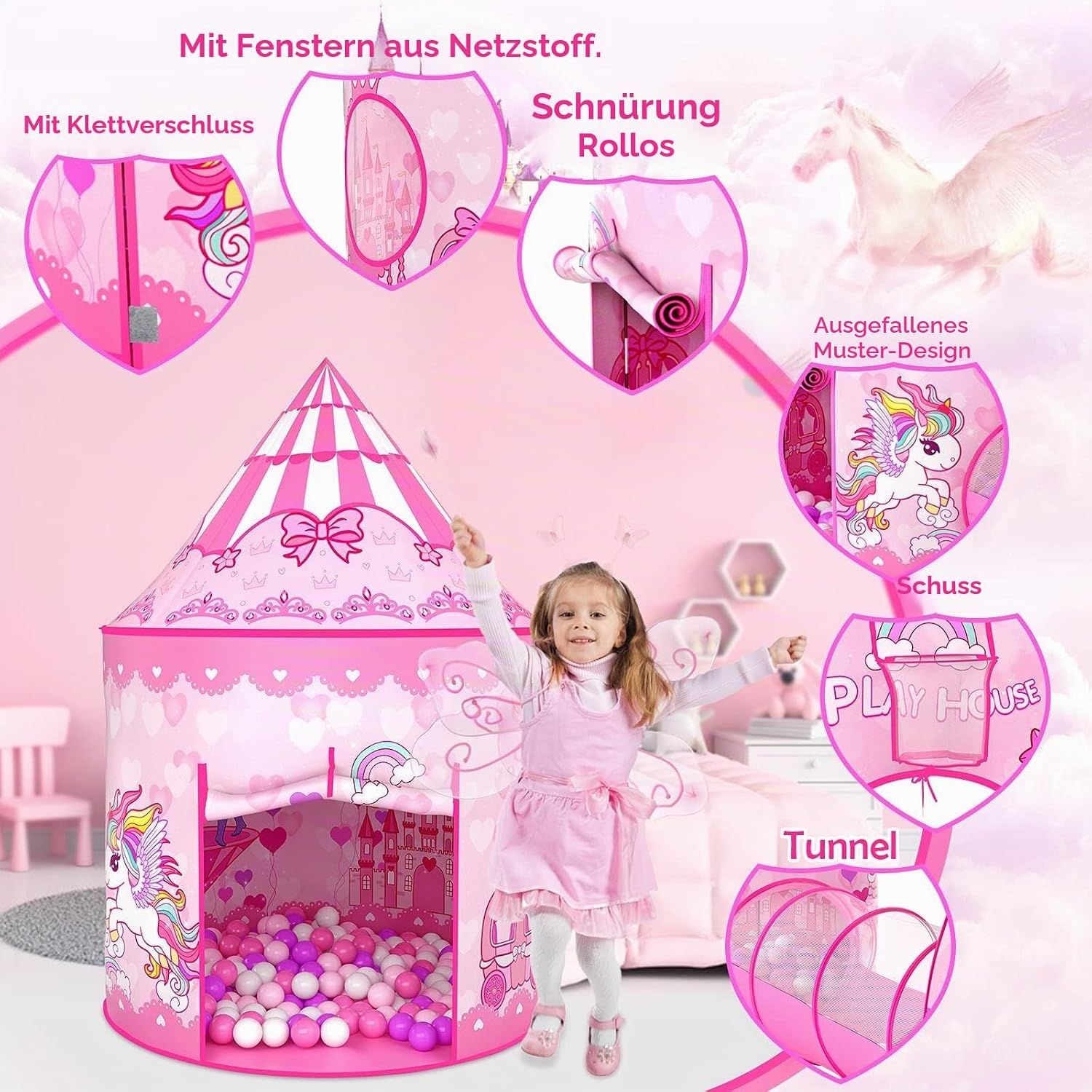 3-in-1 Kids Play Tent with Crawling Tunnel &amp; Ball Pit, Princess, Indoor Outdoor
