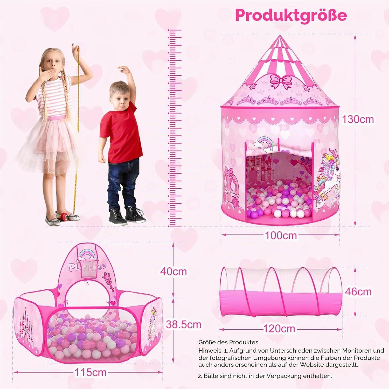 3-in-1 Kids Play Tent with Crawling Tunnel &amp; Ball Pit, Princess, Indoor Outdoor