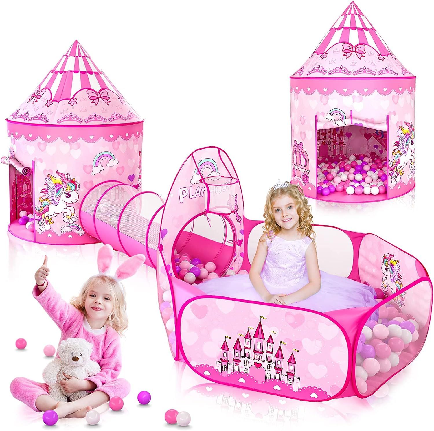 3-in-1 Kids Play Tent with Crawling Tunnel &amp; Ball Pit, Princess, Indoor Outdoor