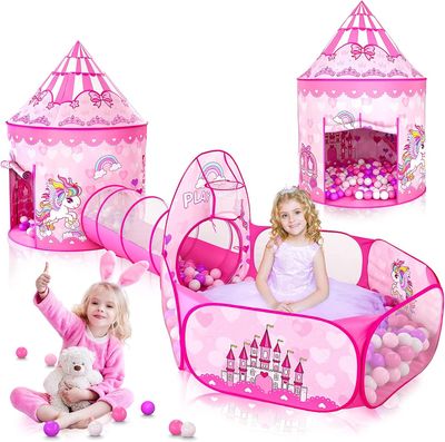 3-in-1 Kids Play Tent with Crawling Tunnel &amp; Ball Pit, Princess, Indoor Outdoor