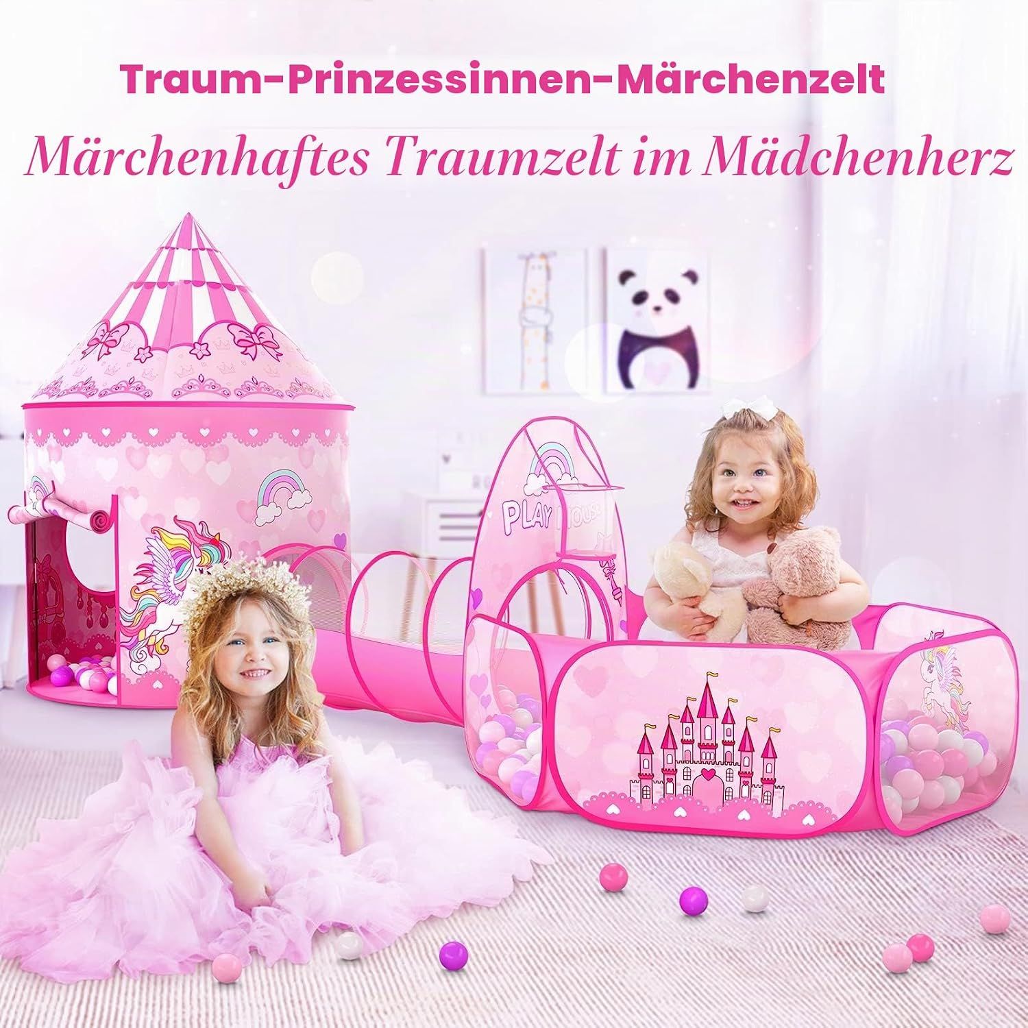 3-in-1 Kids Play Tent with Crawling Tunnel &amp; Ball Pit, Princess, Indoor Outdoor