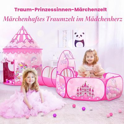 3-in-1 Kids Play Tent with Crawling Tunnel &amp; Ball Pit, Princess, Indoor Outdoor