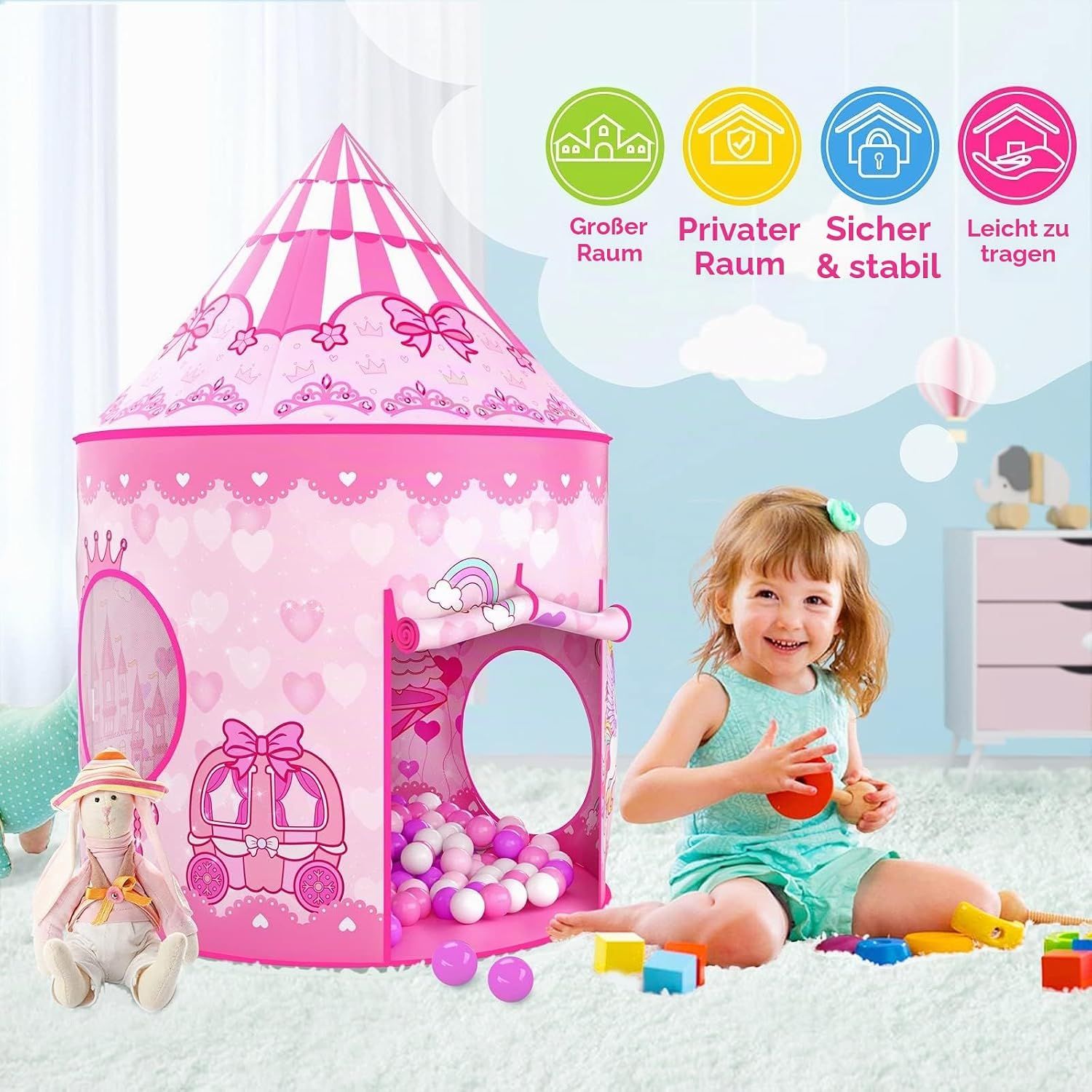 3-in-1 Kids Play Tent with Crawling Tunnel &amp; Ball Pit, Princess, Indoor Outdoor