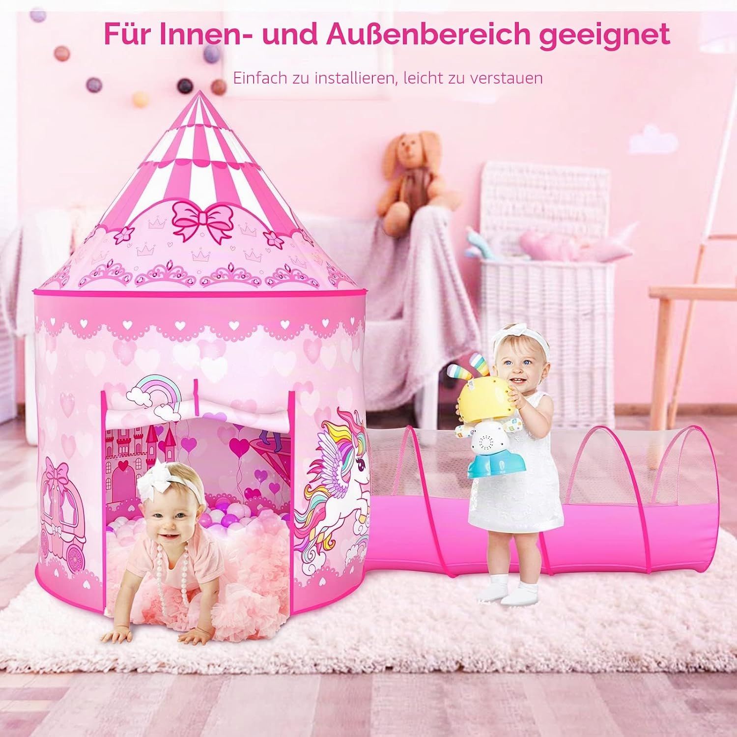 3-in-1 Kids Play Tent with Crawling Tunnel &amp; Ball Pit, Princess, Indoor Outdoor