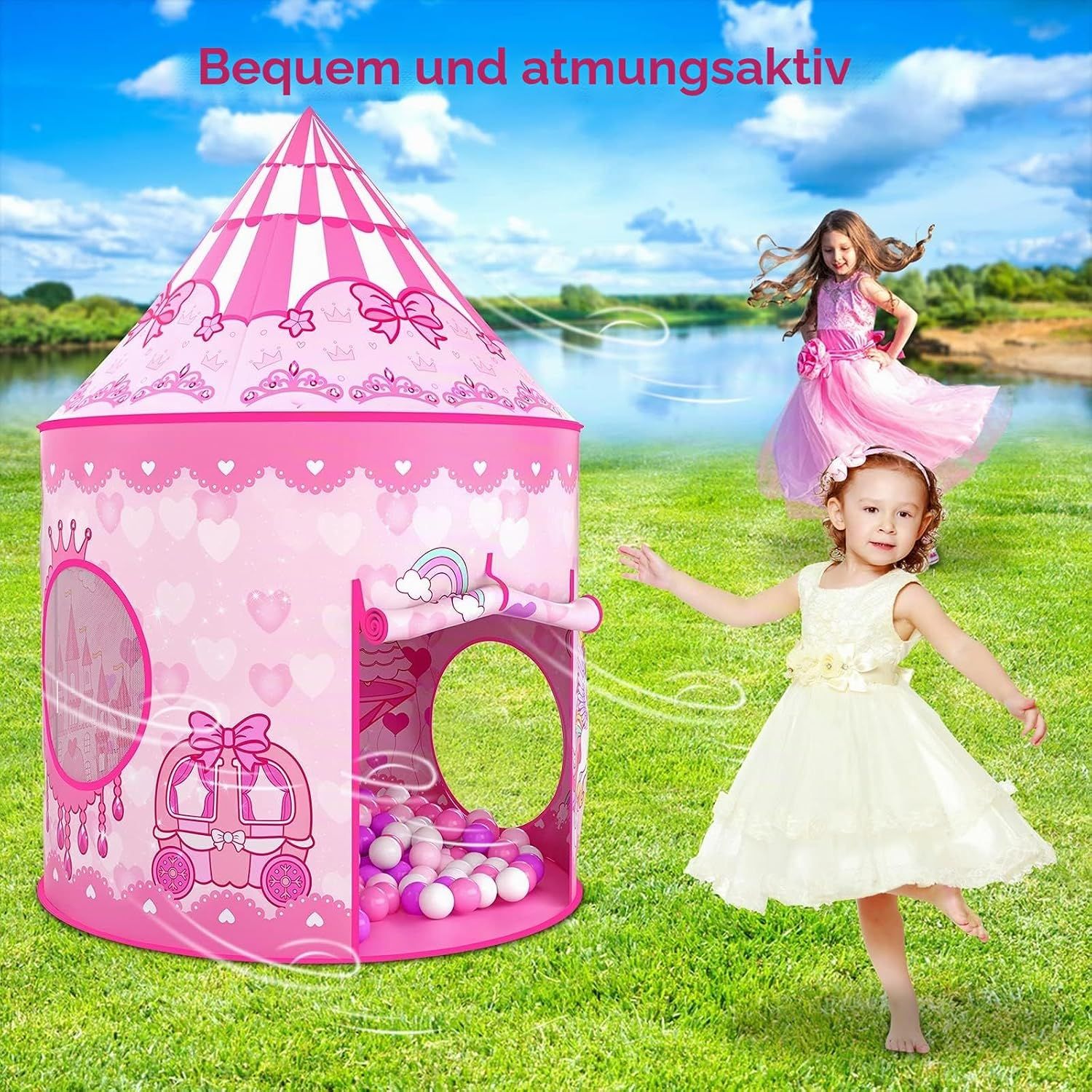 3-in-1 Kids Play Tent with Crawling Tunnel &amp; Ball Pit, Princess, Indoor Outdoor