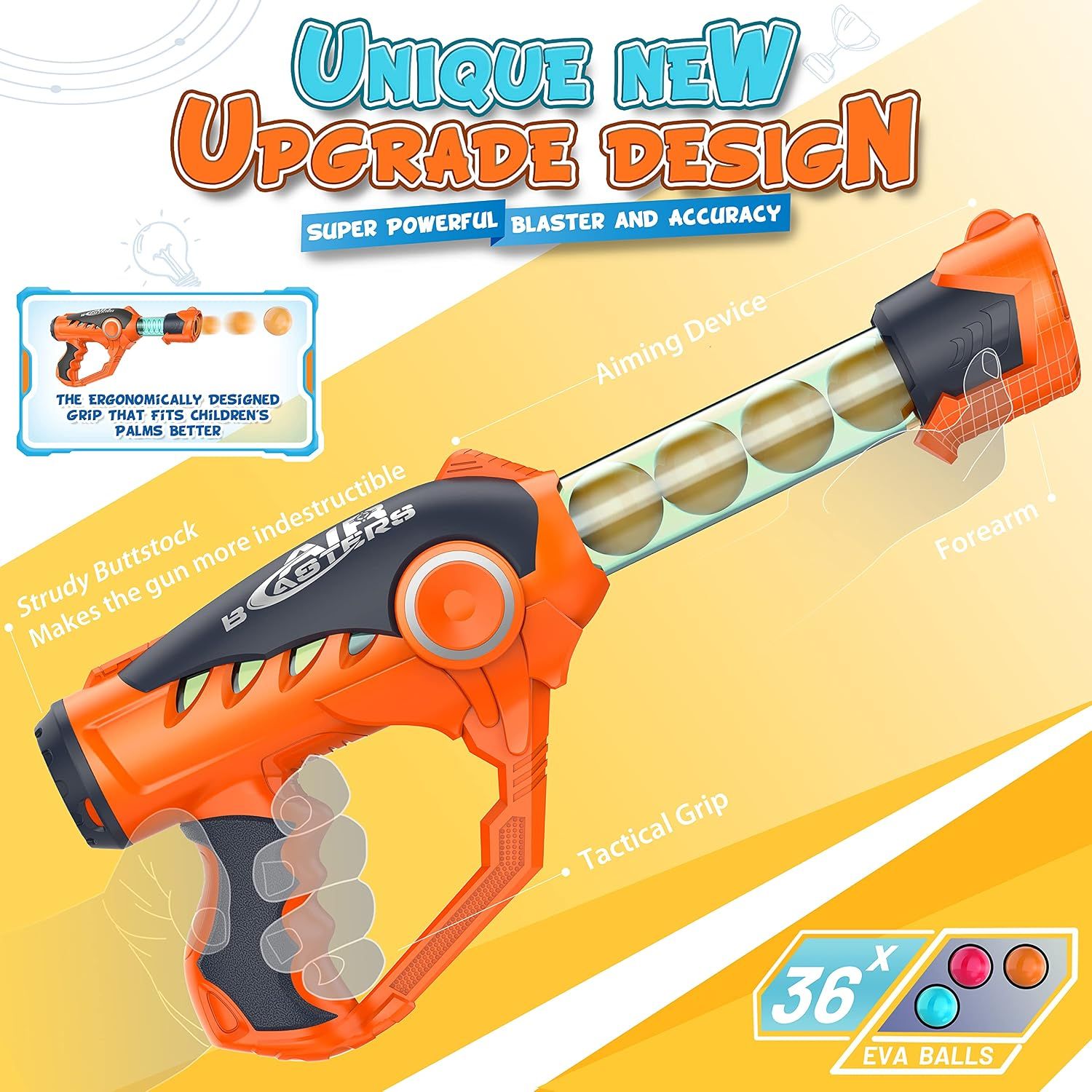 Kids Foam Ball Blaster Toy with 36 Balls, Indoor Outdoor Shooting Game, Ages 6+, Red/Orange