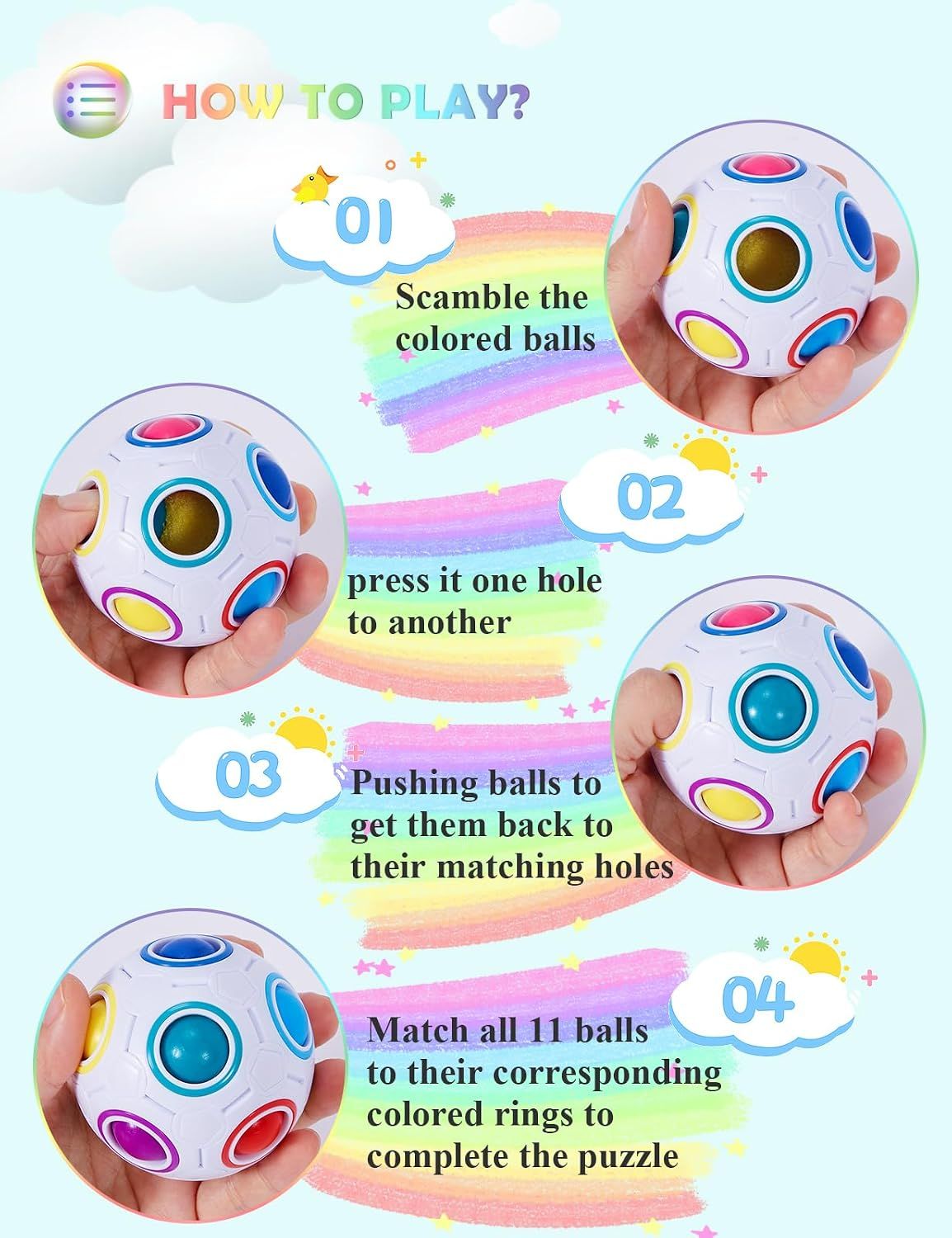 Puzzle Game 3D - Ball - Magic Rainbow Puzzle Ball – 68mm Color Matching Brain Teaser