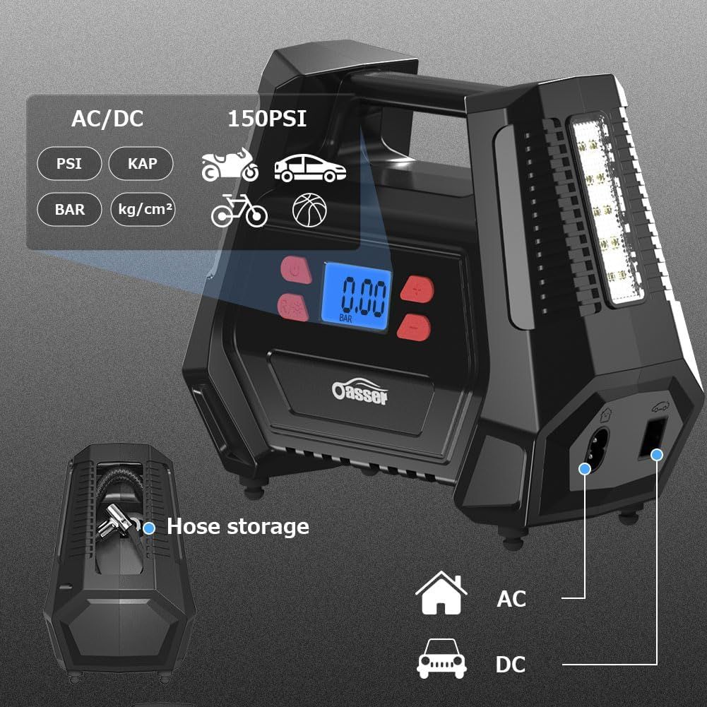 Portable Tyre Inflator Air Compressor 12V DC 240V AC 150 PSI Car Tyre Pump with LED Light