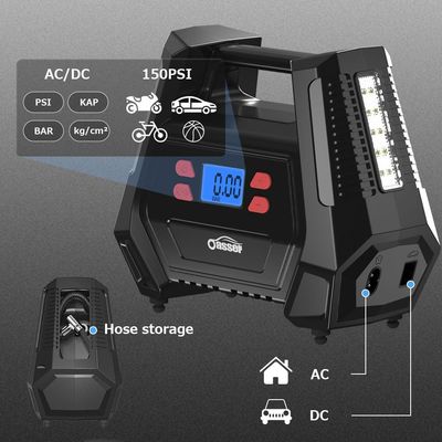 Portable Tyre Inflator Air Compressor 12V DC 240V AC 150 PSI Car Tyre Pump with LED Light