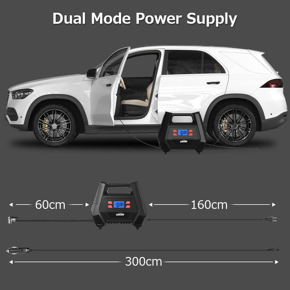 Portable Tyre Inflator Air Compressor 12V DC 240V AC 150 PSI Car Tyre Pump with LED Light