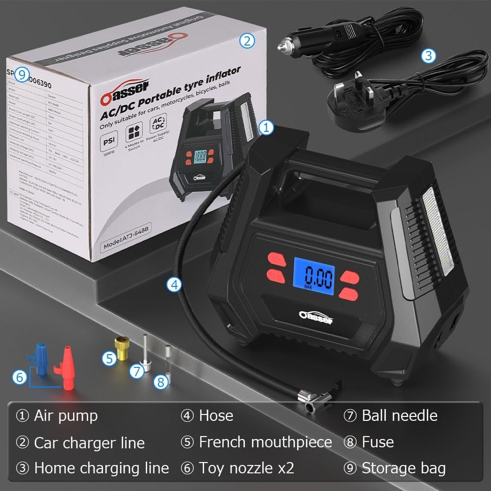 Portable Tyre Inflator Air Compressor 12V DC 240V AC 150 PSI Car Tyre Pump with LED Light
