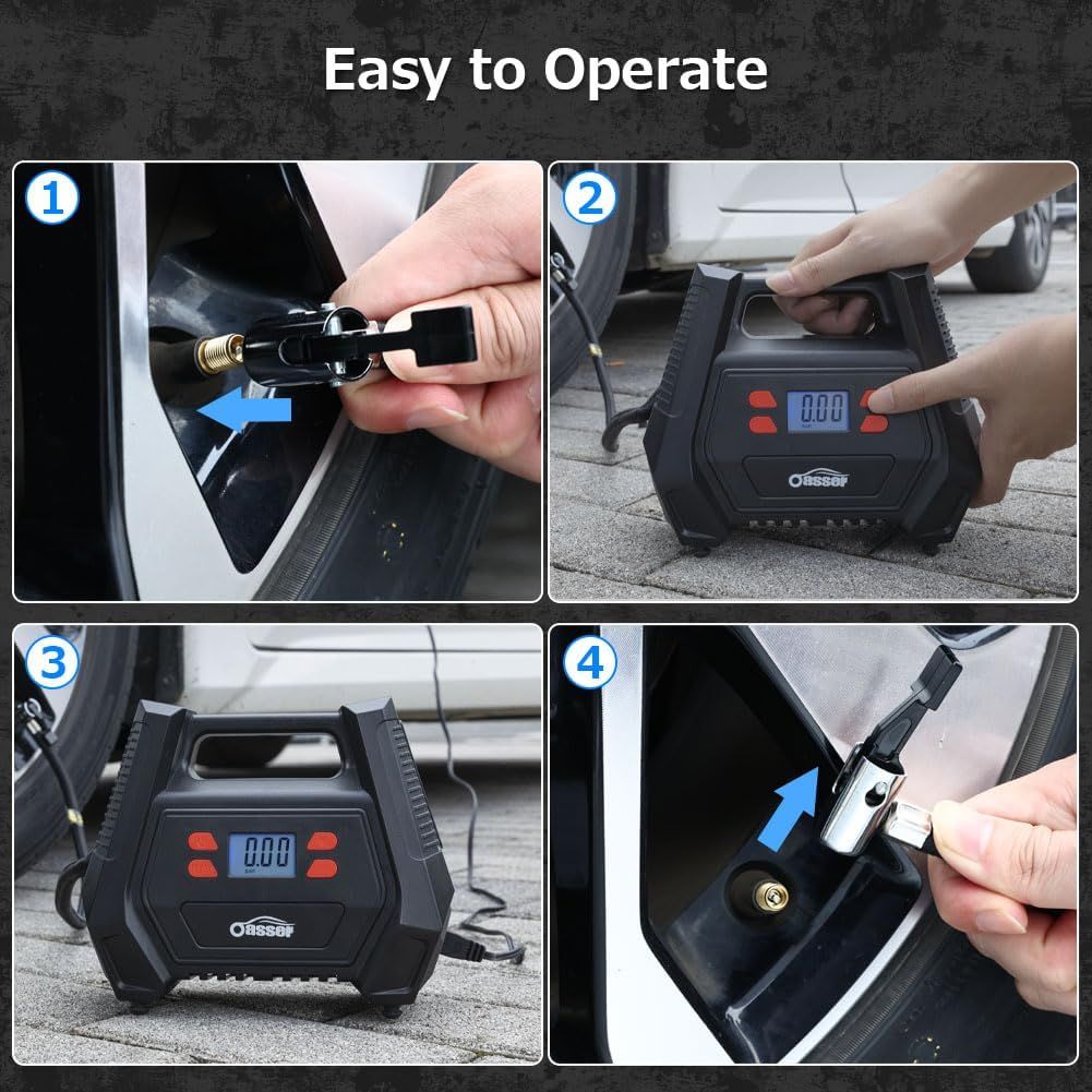 Portable Tyre Inflator Air Compressor 12V DC 240V AC 150 PSI Car Tyre Pump with LED Light