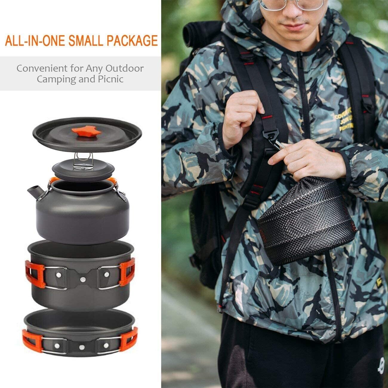 14PCS Portable Camping Cookware Set Outdoor Cooking Kit with Pot Pan Kettle Utensils for Hiking Picnic Backpacking