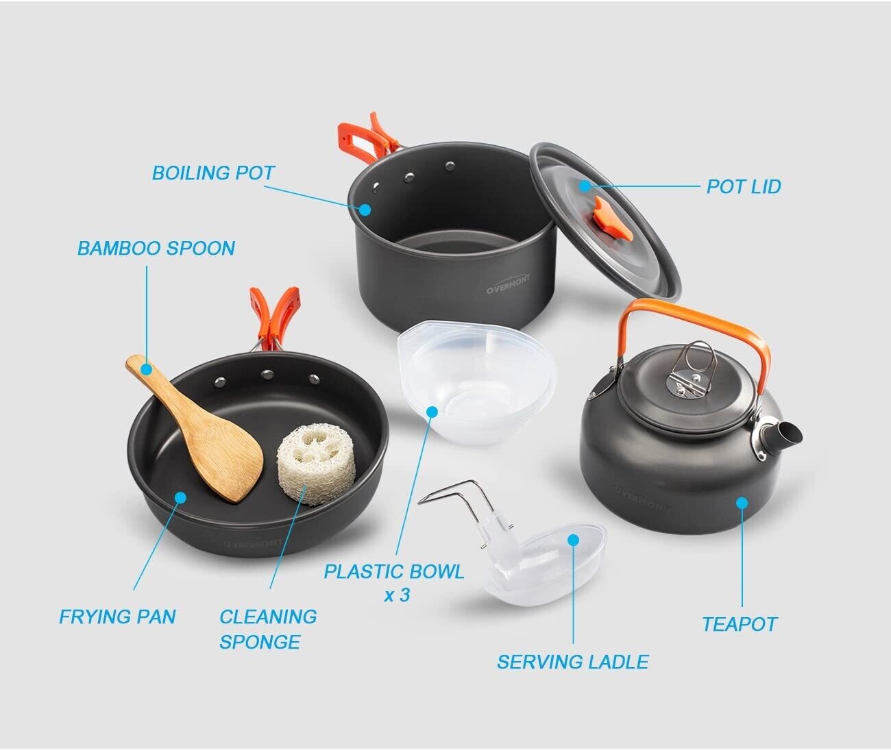 14PCS Portable Camping Cookware Set Outdoor Cooking Kit with Pot Pan Kettle Utensils for Hiking Picnic Backpacking