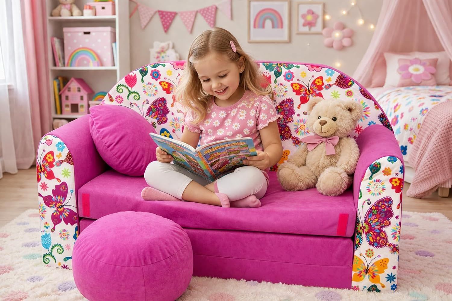 Children's 3-in-1 Sofa Bed, Multi-Function Sofa with Free Upholstered Stool and Cushion