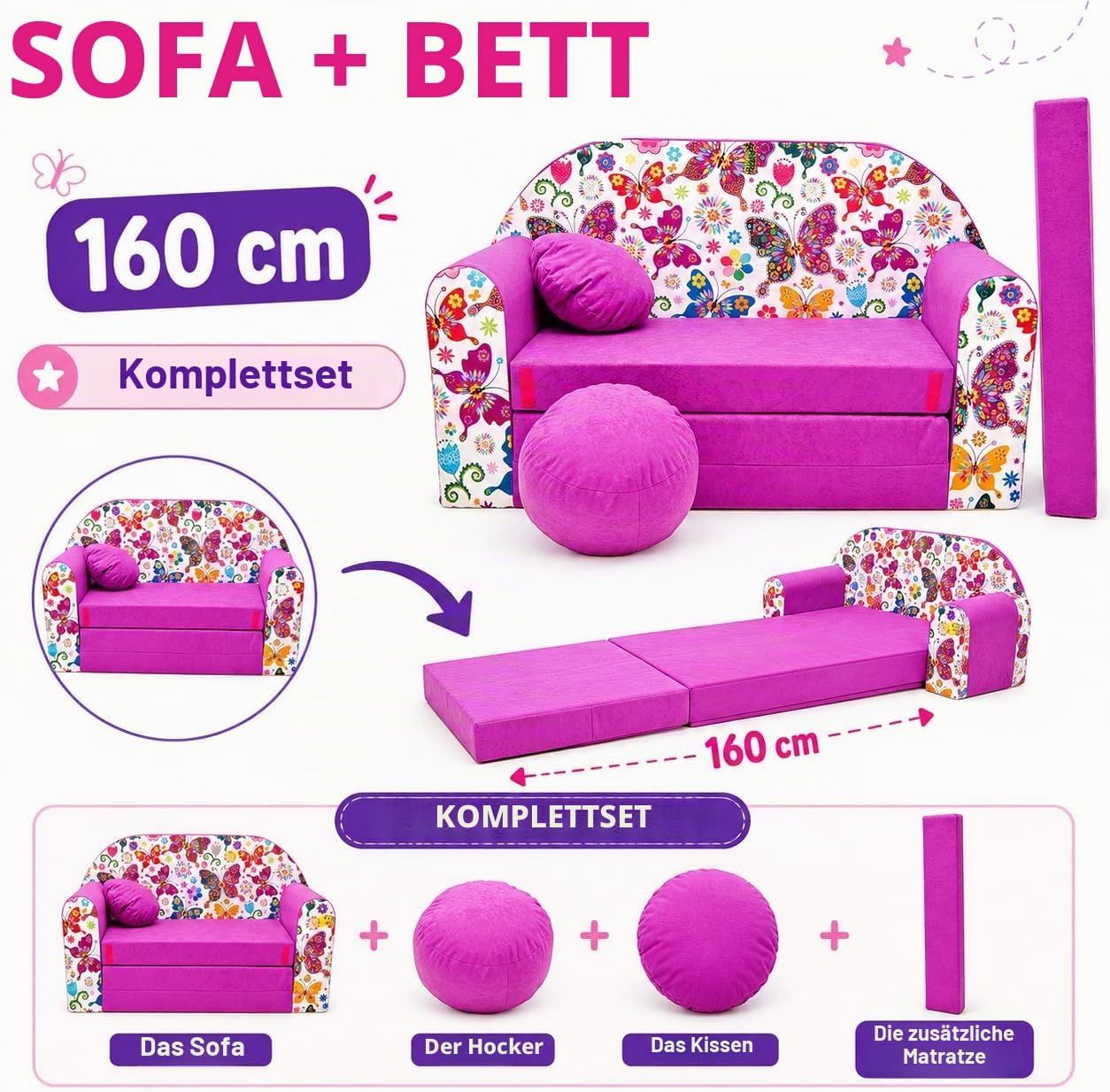 Children's 3-in-1 Sofa Bed, Multi-Function Sofa with Free Upholstered Stool and Cushion