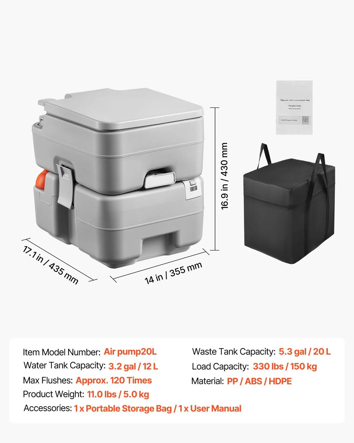 Portable Camping Toilet with Flush – 20L Waste Tank &amp; 12L Water Tank