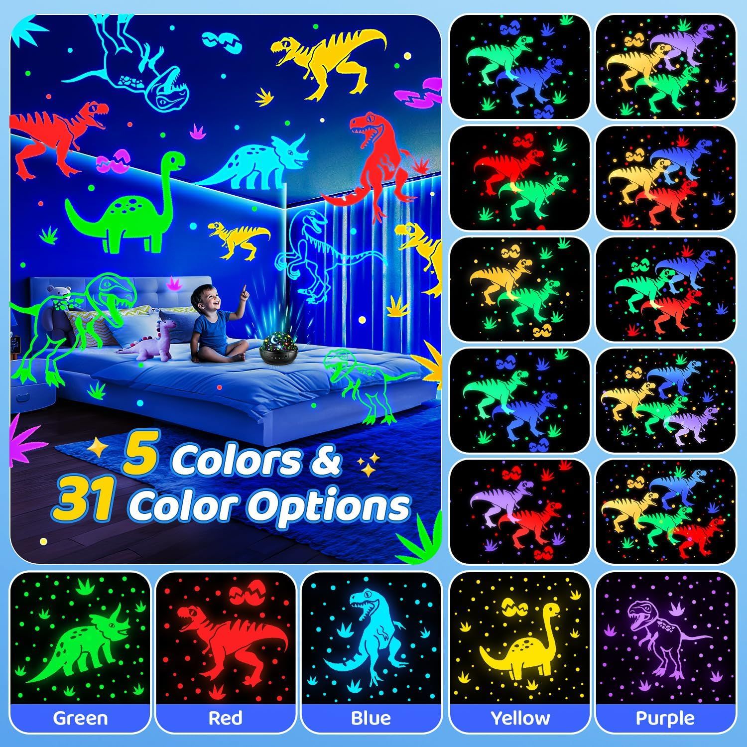 Dinosaur Night Light Projector for Kids 3D HD Star Lamp with Remote Control 31 Colours