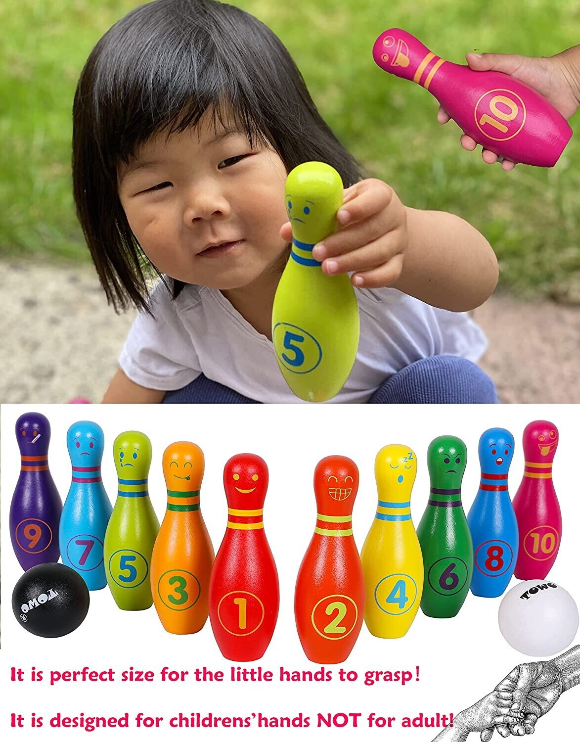 Wooden Skittle Set with Facial Emotions and Numbers Children's Wooden Bowling Set, Skittles Game for Children, with 12 Pins and 2 Wooden Bowling Balls
