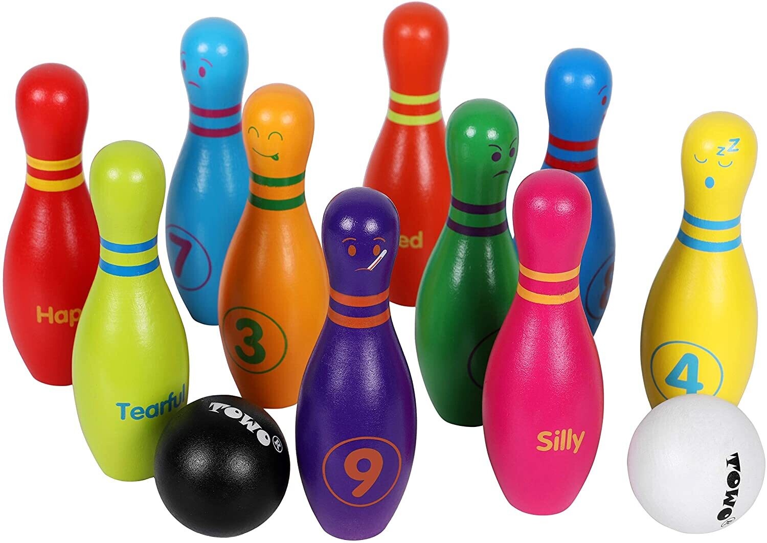 Wooden Skittle Set with Facial Emotions and Numbers Children's Wooden Bowling Set, Skittles Game for Children, with 12 Pins and 2 Wooden Bowling Balls