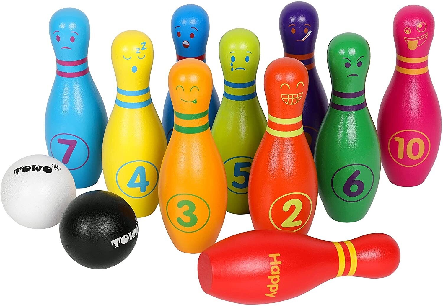 Wooden Skittle Set with Facial Emotions and Numbers Children's Wooden Bowling Set, Skittles Game for Children, with 12 Pins and 2 Wooden Bowling Balls