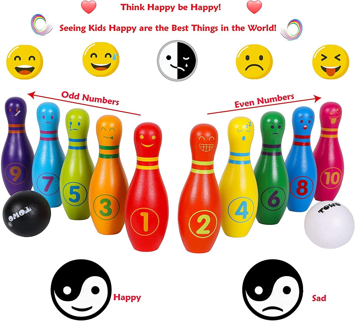 Wooden Skittle Set with Facial Emotions and Numbers Children's Wooden Bowling Set, Skittles Game for Children, with 12 Pins and 2 Wooden Bowling Balls
