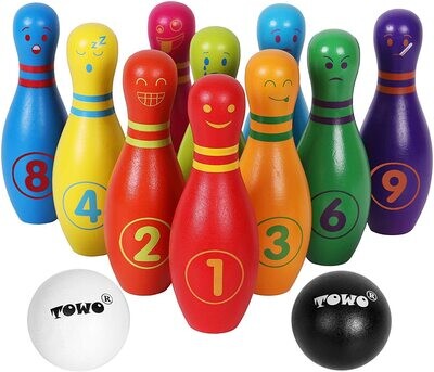Wooden Skittle Set with Facial Emotions and Numbers Children's Wooden Bowling Set, Skittles Game for Children, with 12 Pins and 2 Wooden Bowling Balls