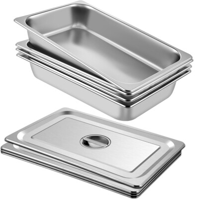 13L (13.7 Quart) Anti-Jam Stainless Steel Steam Table Pan with Lid – 4" Deep, Set of 4 for Food Service